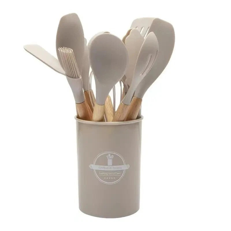 12pcs Silicone Kitchen Utensil Set – Non-Stick Cooking Tools with Wooden Handles