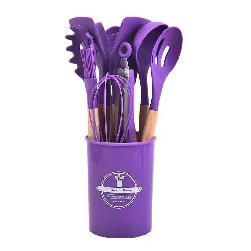 12pcs Silicone Kitchen Utensil Set – Non-Stick Cooking Tools with Wooden Handles