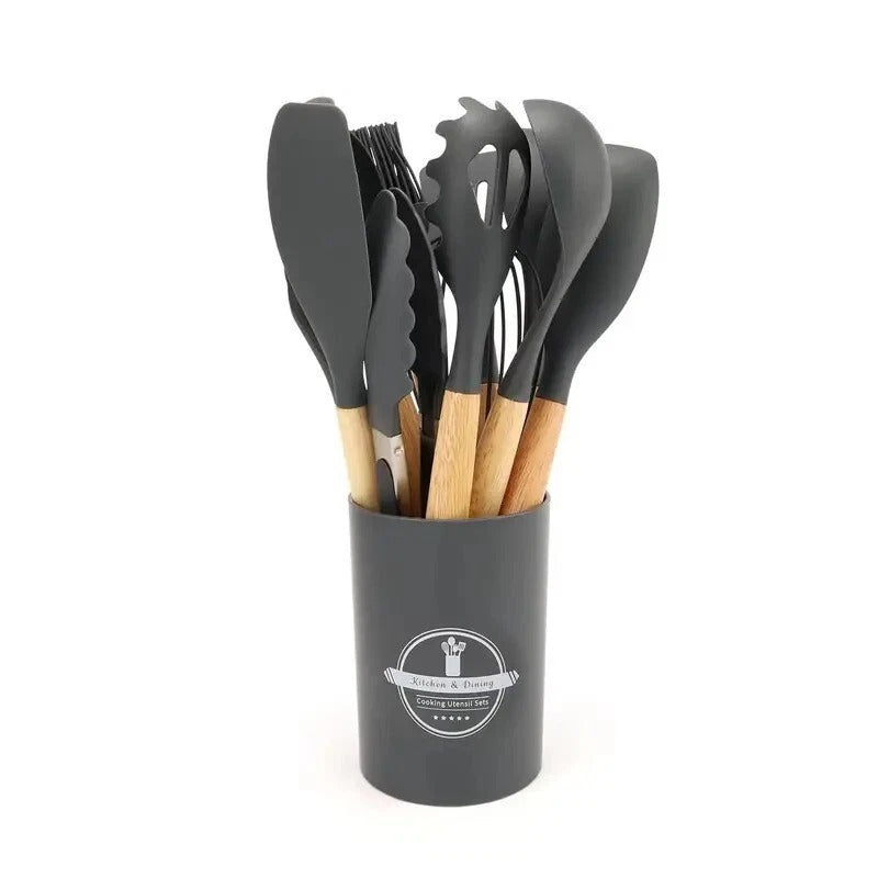 12pcs Silicone Kitchen Utensil Set – Non-Stick Cooking Tools with Wooden Handles