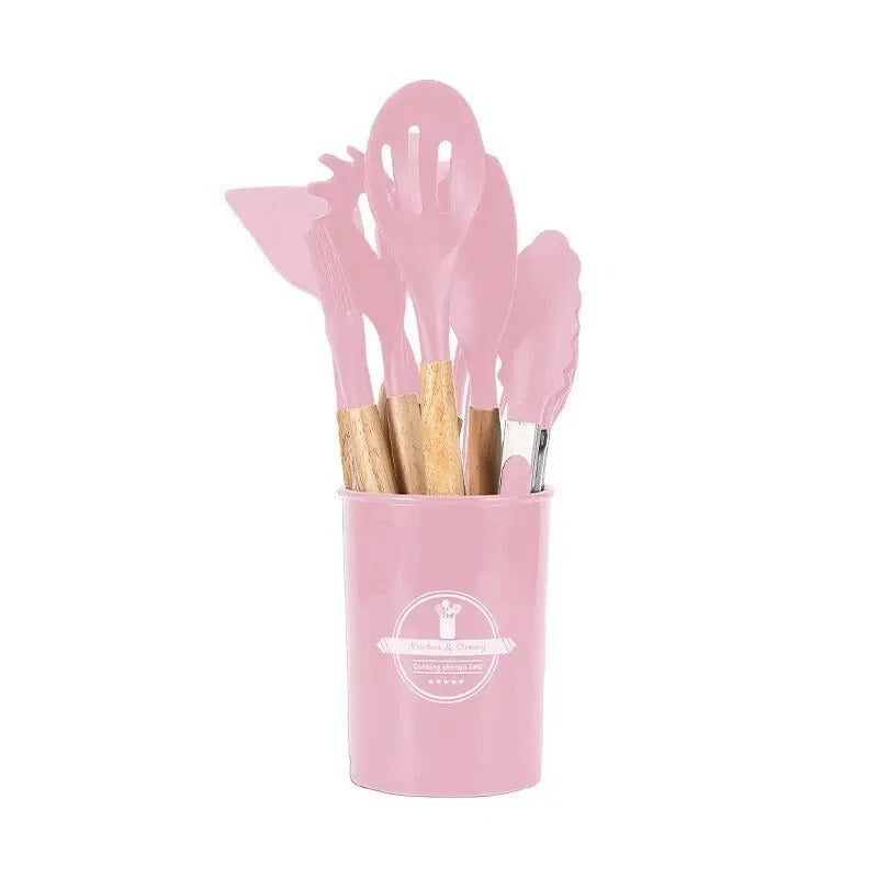 12pcs Silicone Kitchen Utensil Set – Non-Stick Cooking Tools with Wooden Handles