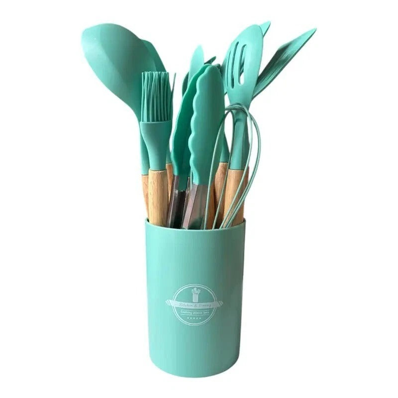 12pcs Silicone Kitchen Utensil Set – Non-Stick Cooking Tools with Wooden Handles