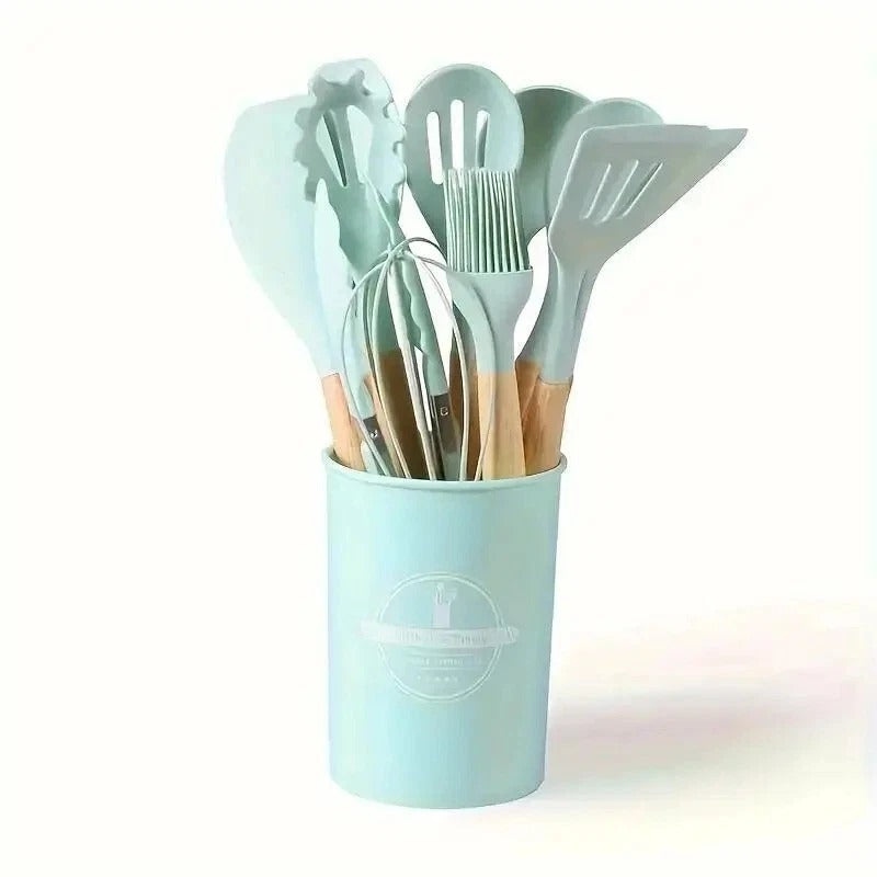 12pcs Silicone Kitchen Utensil Set – Non-Stick Cooking Tools with Wooden Handles