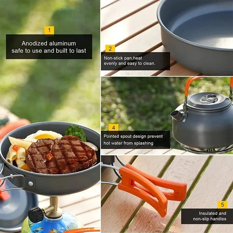 Camping Cookware Set 2-3 Person – Kettle Pot Pan Outdoor Cooking Gear Portable