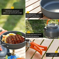 Camping Cookware Set 2-3 Person – Kettle Pot Pan Outdoor Cooking Gear Portable