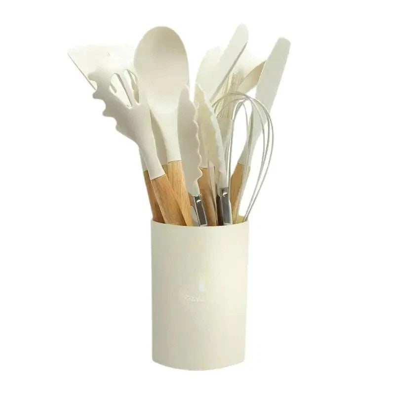 12pcs Silicone Kitchen Utensil Set – Non-Stick Cooking Tools with Wooden Handles
