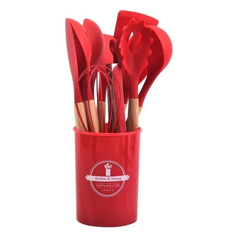 12pcs Silicone Kitchen Utensil Set – Non-Stick Cooking Tools with Wooden Handles