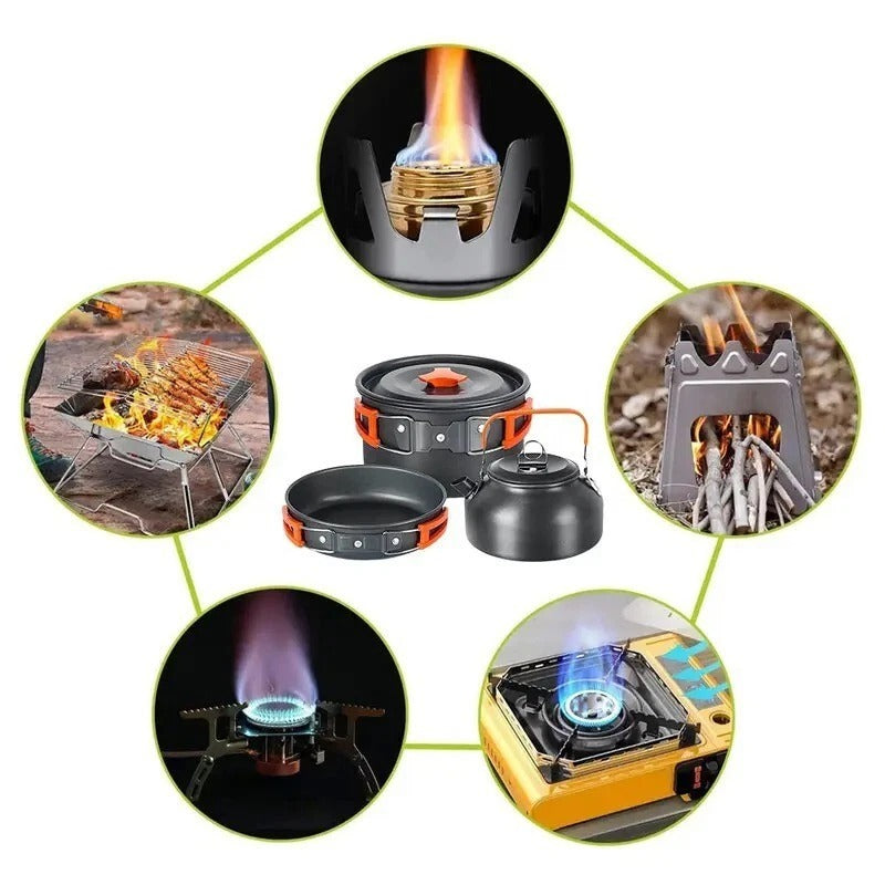 Camping Cookware Set 2-3 Person – Kettle Pot Pan Outdoor Cooking Gear Portable