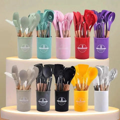 12pcs Silicone Kitchen Utensil Set – Non-Stick Cooking Tools with Wooden Handles