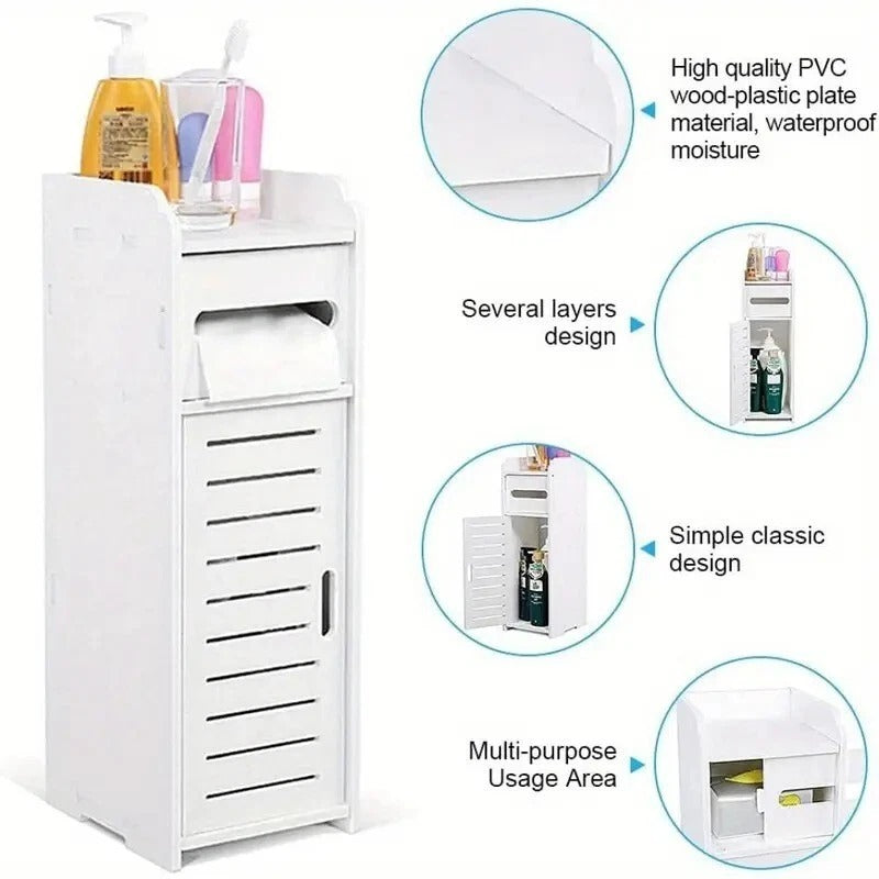 White Bathroom Storage Cabinet – Slim Floor Cupboard with Drawer 17 x 22 x 56cm