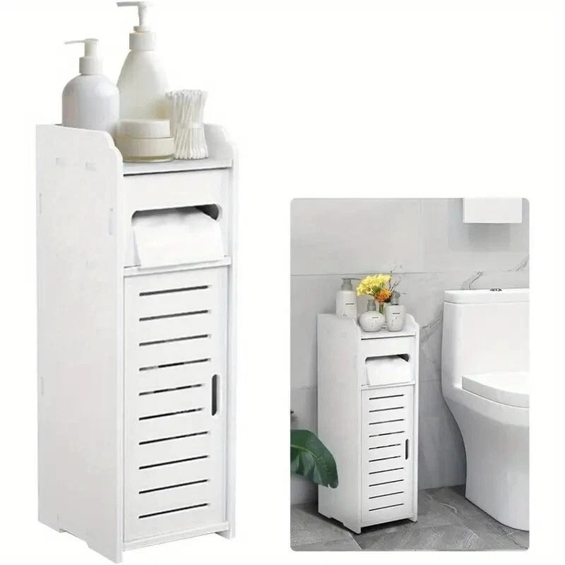 White Bathroom Storage Cabinet – Slim Floor Cupboard with Drawer 17 x 22 x 56cm