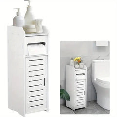 White Bathroom Storage Cabinet – Slim Floor Cupboard with Drawer 17 x 22 x 56cm