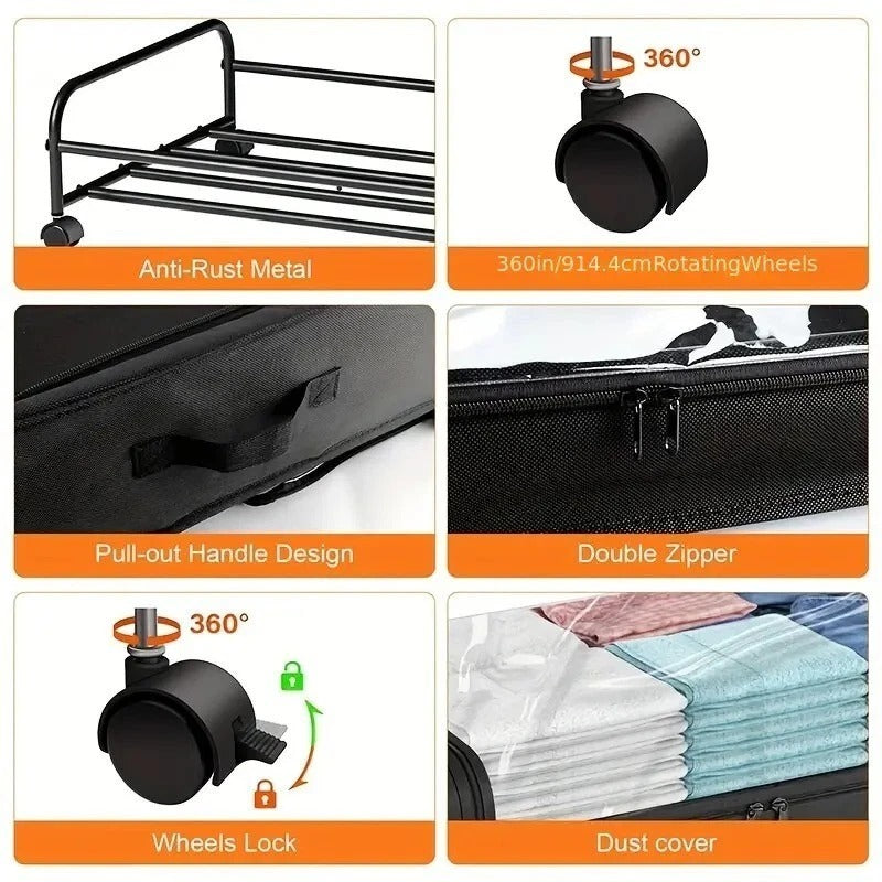 2pcs Extra- Large Under- Bed Storage Organizer with Wheels - Durable Steel Frame