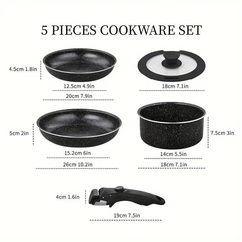 5pcs Ceramic Non-Stick Cookware Set – Induction Safe, Detachable Handles