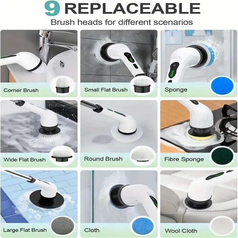 Cordless Electric Rotary Scrubber with 9 Brush Heads & Extension Handle