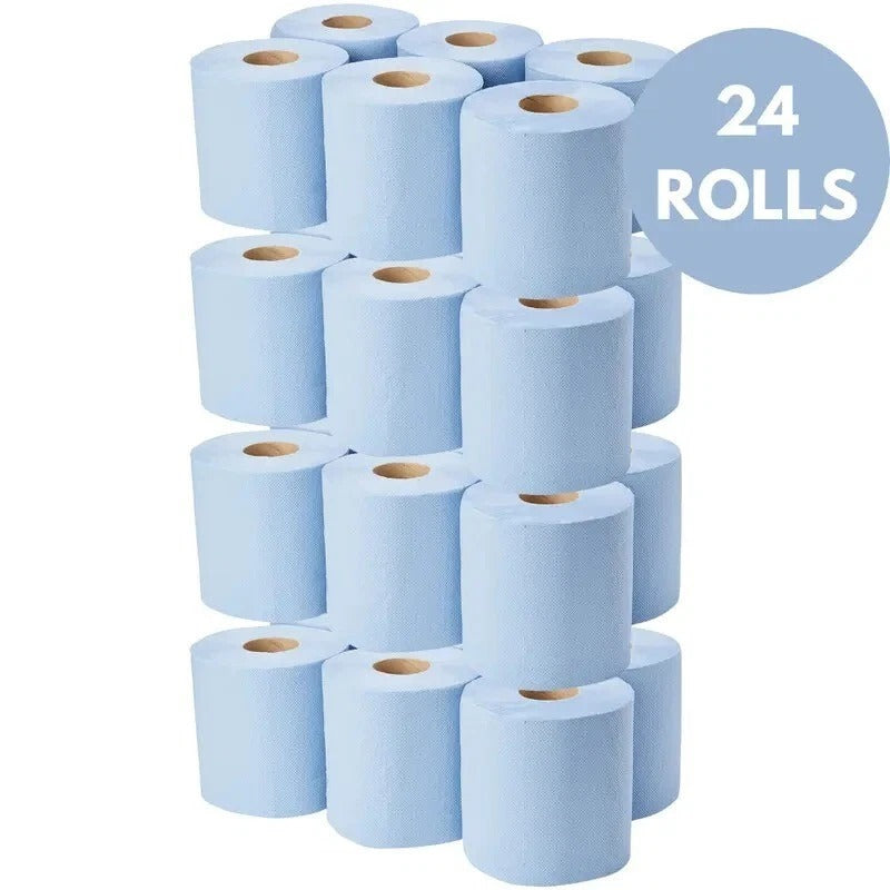 24 Rolls 2Ply Blue Centre Feed Paper Towels – 45M Embossed Wiper Rolls for Clean