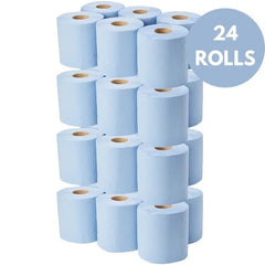 24 Rolls 2Ply Blue Centre Feed Paper Towels – 45M Embossed Wiper Rolls for Clean