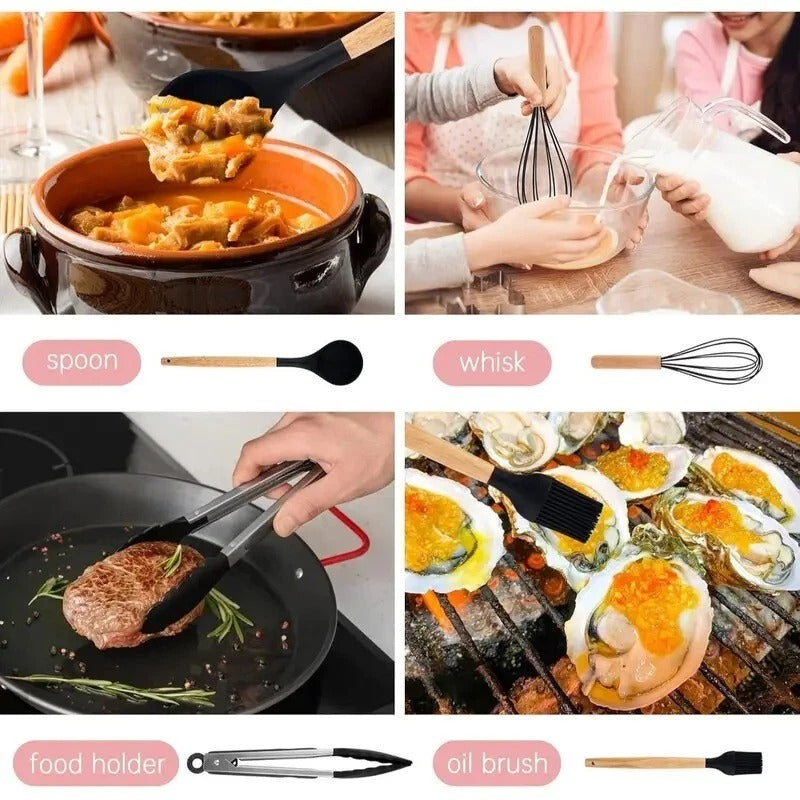 12pcs Silicone Kitchen Utensil Set – Non-Stick Cooking Tools with Wooden Handles
