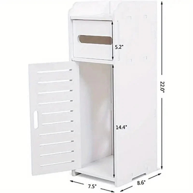 White Bathroom Storage Cabinet – Slim Floor Cupboard with Drawer 17 x 22 x 56cm