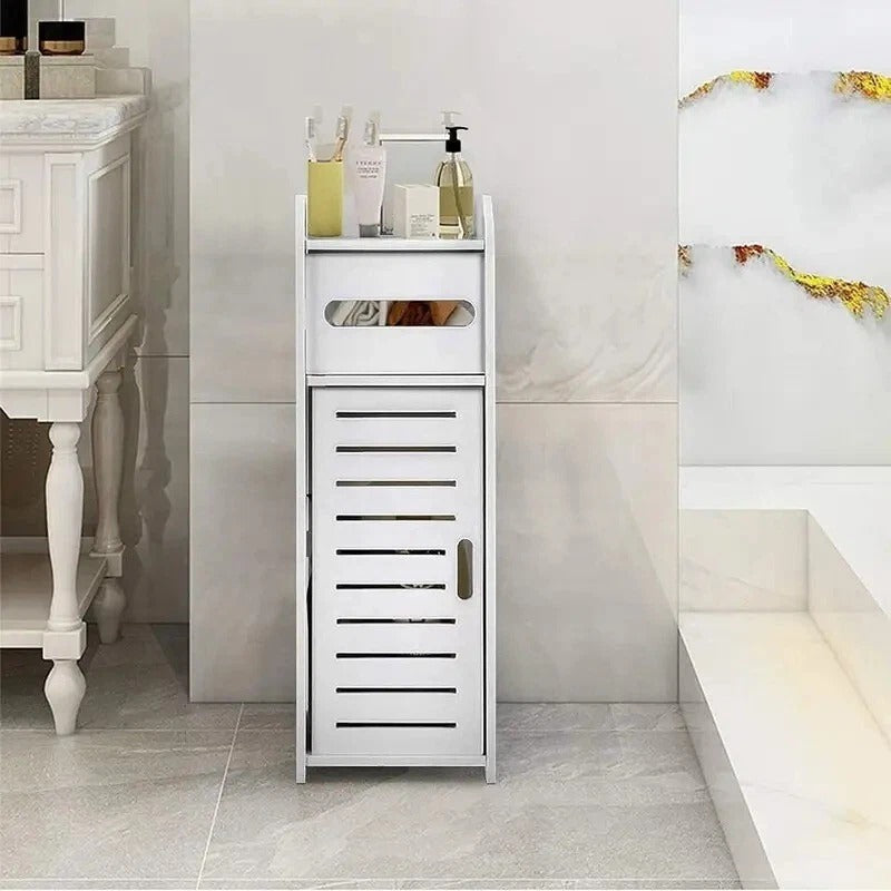 White Bathroom Storage Cabinet – Slim Floor Cupboard with Drawer 17 x 22 x 56cm