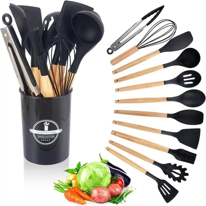 12pcs Silicone Kitchen Utensil Set – Non-Stick Cooking Tools with Wooden Handles