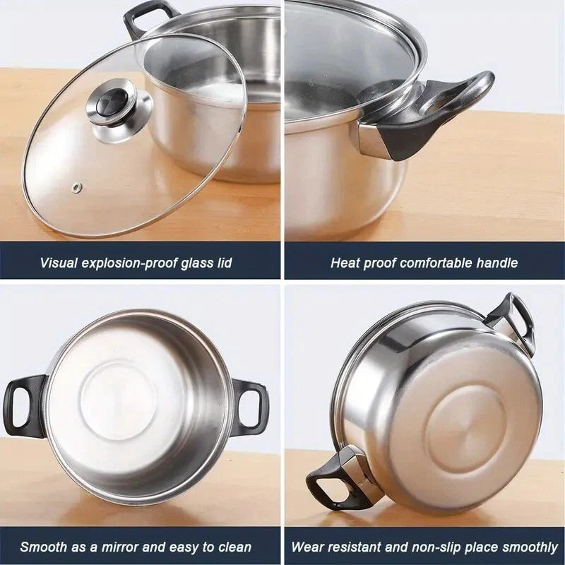 12 Piece Stainless Steel Cookware Saucepan Set Pan Pot Kitchen Cooking Glass Lid