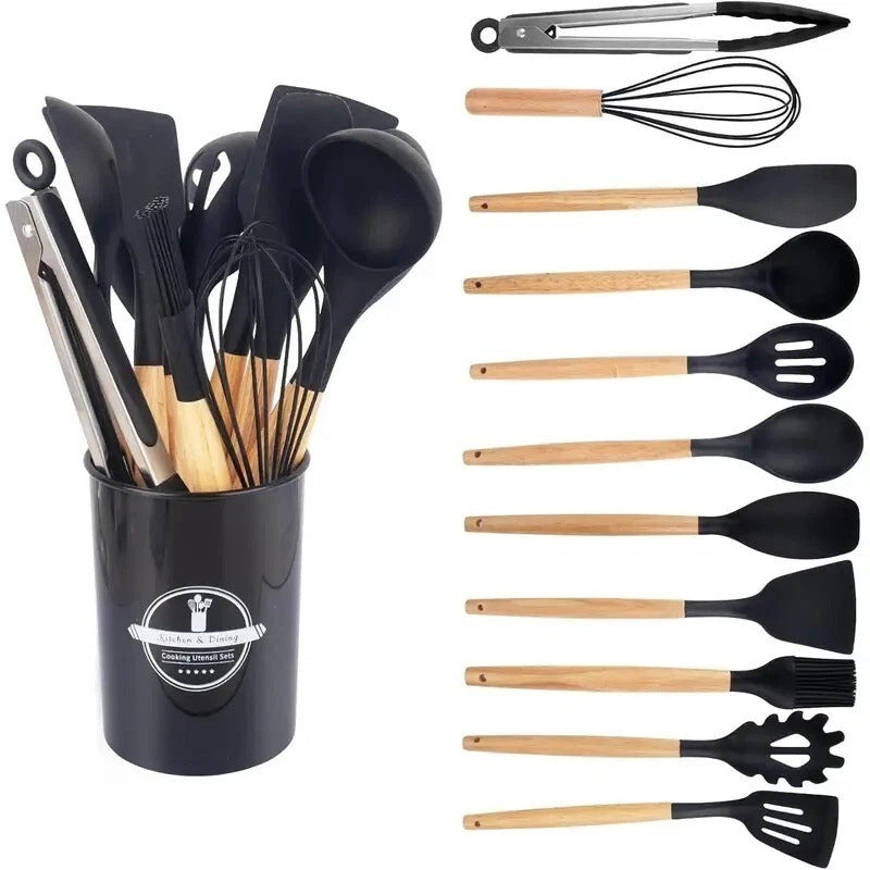 12pcs Silicone Kitchen Utensil Set – Non-Stick Cooking Tools with Wooden Handles
