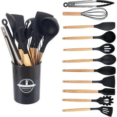 12pcs Silicone Kitchen Utensil Set – Non-Stick Cooking Tools with Wooden Handles
