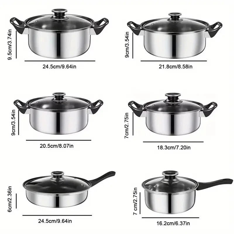 12 Piece Stainless Steel Cookware Saucepan Set Pan Pot Kitchen Cooking Glass Lid