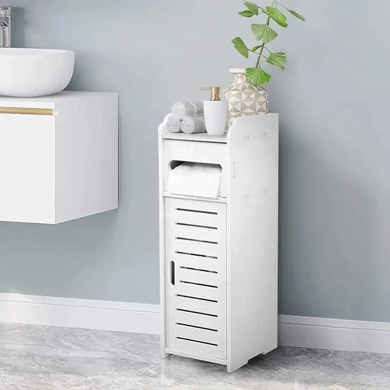 White Bathroom Storage Cabinet – Slim Floor Cupboard with Drawer 17 x 22 x 56cm