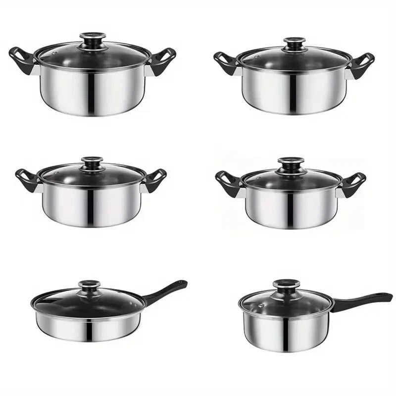 12 Piece Stainless Steel Cookware Saucepan Set Pan Pot Kitchen Cooking Glass Lid