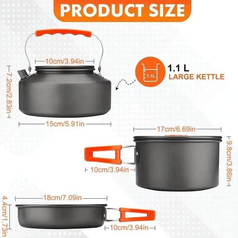 Camping Cookware Set 2-3 Person – Kettle Pot Pan Outdoor Cooking Gear Portable