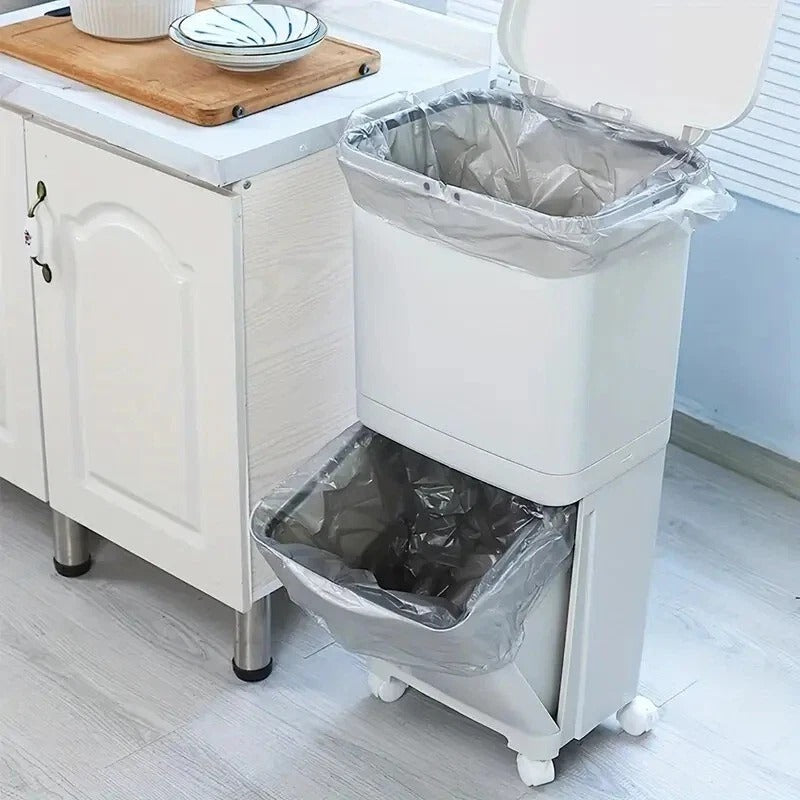 38L Dual-Tier Trash Bin on Wheels – 2 Compartments for Kitchen Waste