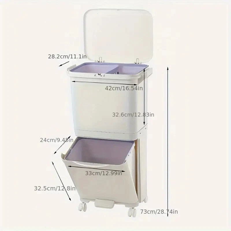38L Dual-Tier Trash Bin on Wheels – 2 Compartments for Kitchen Waste