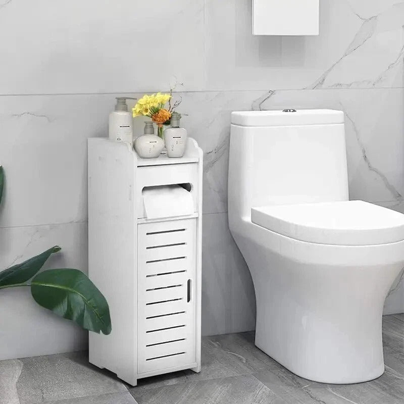 White Bathroom Storage Cabinet – Slim Floor Cupboard with Drawer 17 x 22 x 56cm