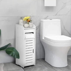 White Bathroom Storage Cabinet – Slim Floor Cupboard with Drawer 17 x 22 x 56cm