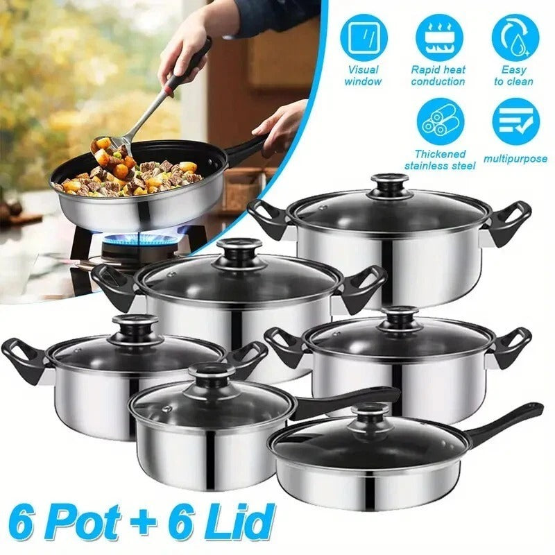 12 Piece Stainless Steel Cookware Saucepan Set Pan Pot Kitchen Cooking Glass Lid