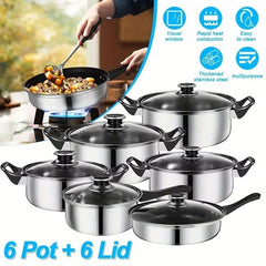 12 Piece Stainless Steel Cookware Saucepan Set Pan Pot Kitchen Cooking Glass Lid