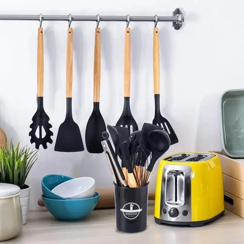 12pcs Silicone Kitchen Utensil Set – Non-Stick Cooking Tools with Wooden Handles