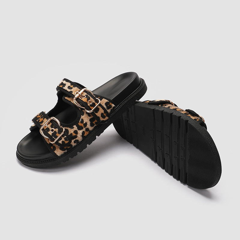 Summer New Animal Print Round Toe Flat Bottom Slippers For Women