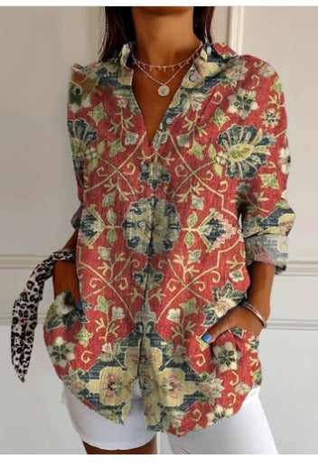Women’s Color Matching Casual Loose Button Digital Printing Shirt - YO5460RD / 2XL - Hat