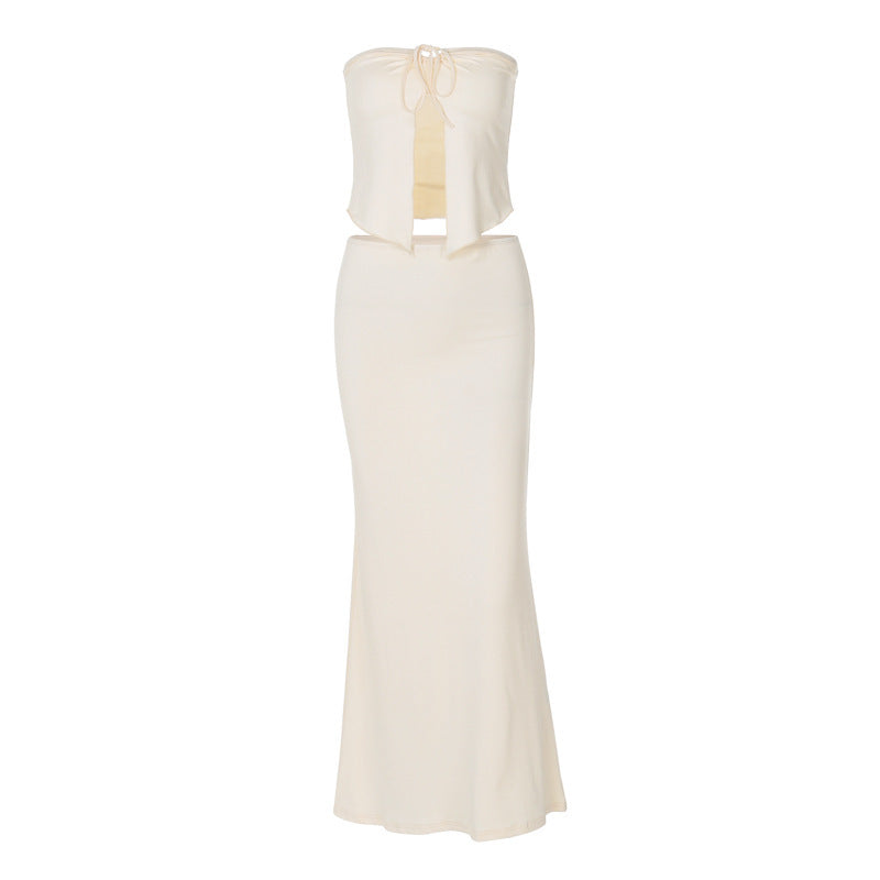 Sexy Patchwork Chest Wrap Midriff-baring Top Slim Skirt Suit