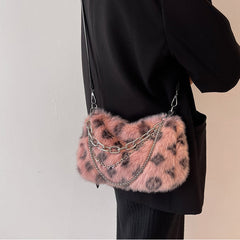 Winter Plush Bags Chain Shoulder Bag Women Flowers Print Handbags - Clothing