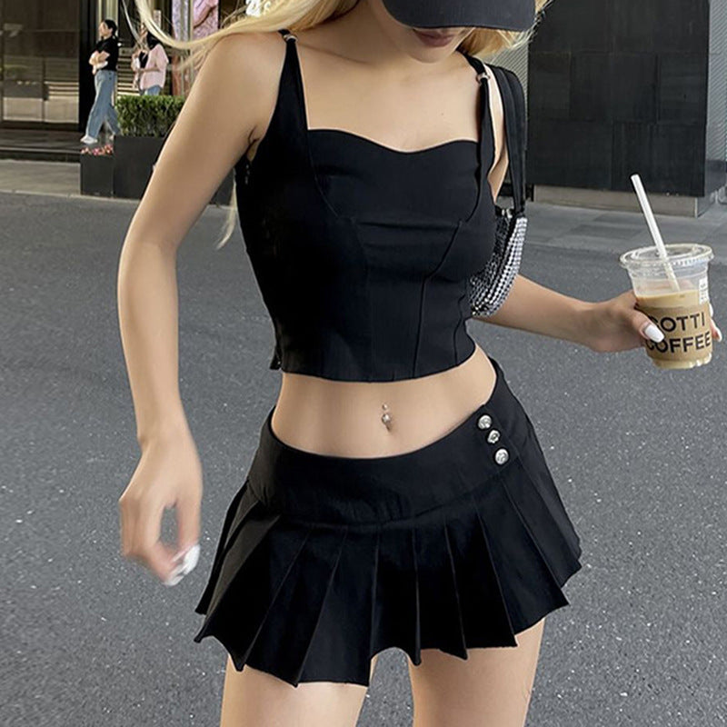 Fashion Y2g Hot Girl Style Solid Color Pleated Skirt Suit Two-piece Set