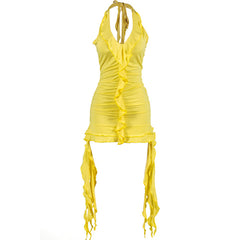 Low Necked Wooden Ear Edge Irregular Wrap Buttocks Short Dress