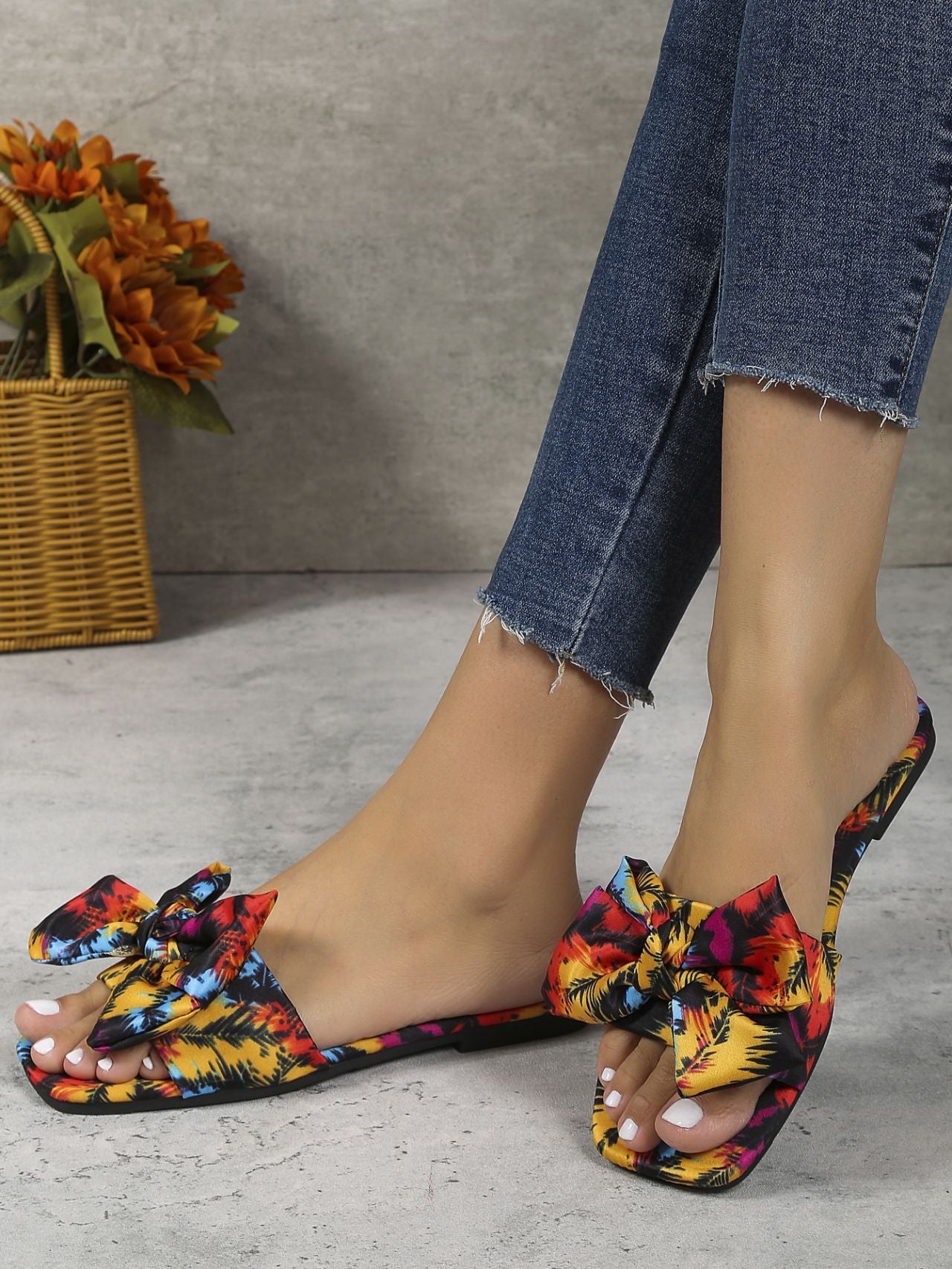 Color Bow Square Toe Flat Bottom Outdoor Casual Women's Shoes