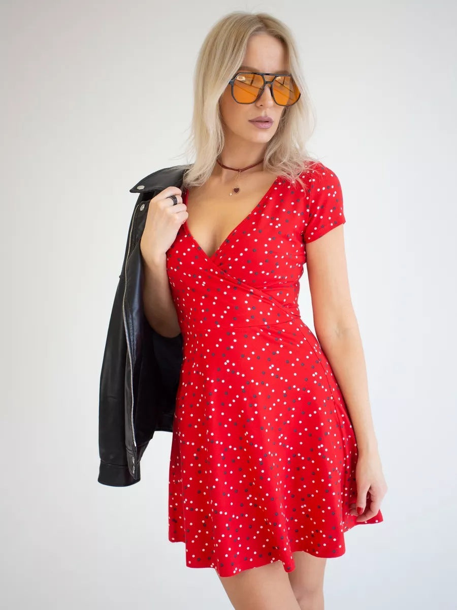 V-neck Short Sleeve Floral Knitted Dress