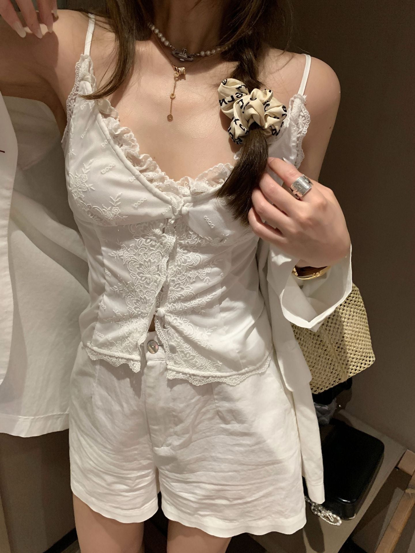Lace Strap Stitching Solid Color Slim Single-breasted Versatile Holiday Pure Desire Summer New