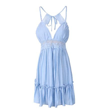 Women's Summer Mini Dress – Sexy Sleeveless V-Neck Lace Dress with Bow Tie Back and Ruffle Hem, White Beach Style
