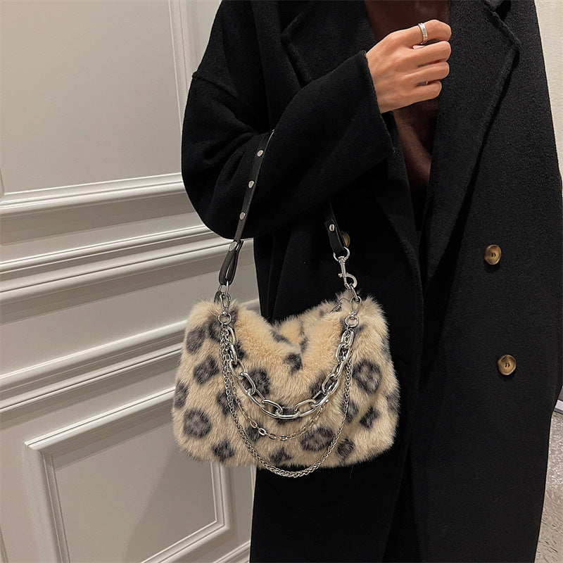 Winter Plush Bags Chain Shoulder Bag Women Flowers Print Handbags - Clothing