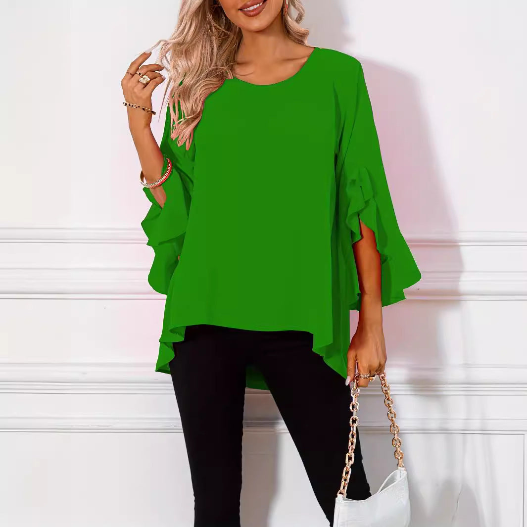 Solid Color Round Neck Shoulder Ruffle Sleeve Irregular Women's Top